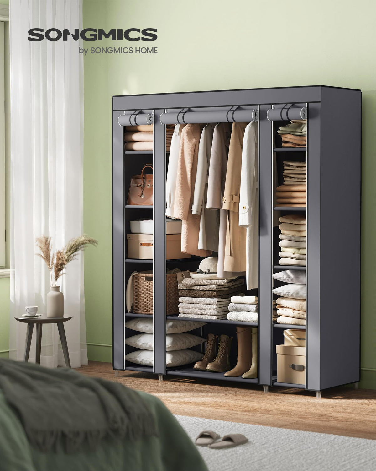 SONGMICS closet wardrobe with fabric dust cover keeps clothes clean.