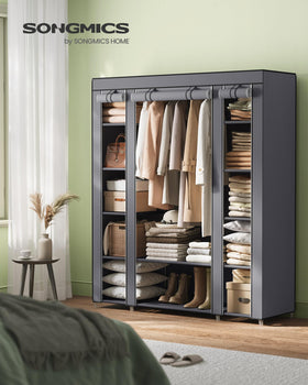 SONGMICS closet wardrobe with fabric dust cover keeps clothes clean.