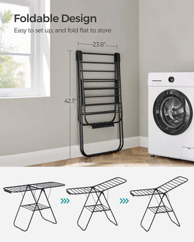 SONGMICS compact airer with 27 clips secures lightweight items safely.