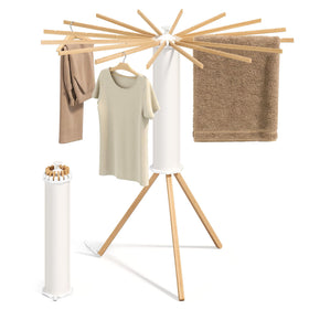 Songmics 16-arm rotary drying rack with beech wood arms for versatile laundry layout.