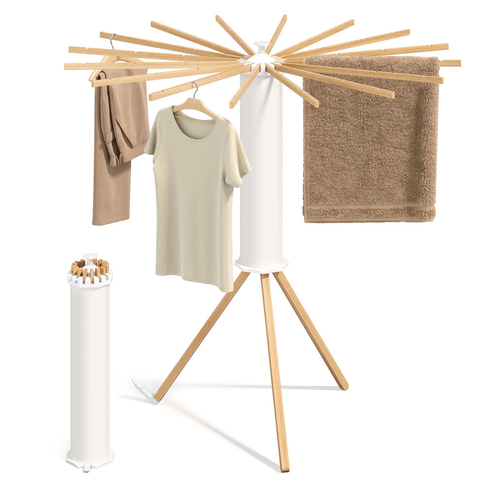 Songmics 16-arm rotary drying rack with beech wood arms for versatile laundry layout.