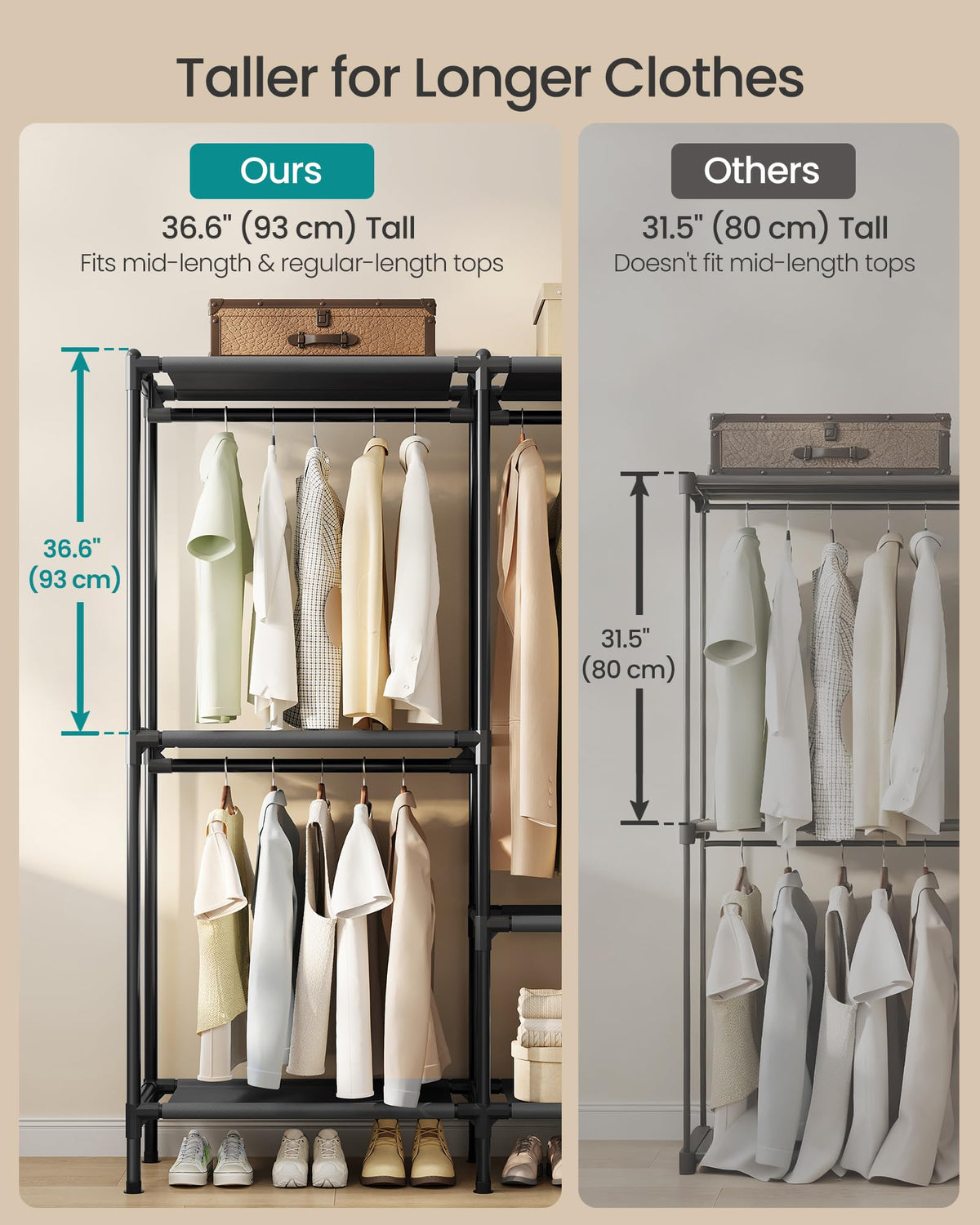 SONGMICS clothes rack dimensions for spacious wardrobe planning
