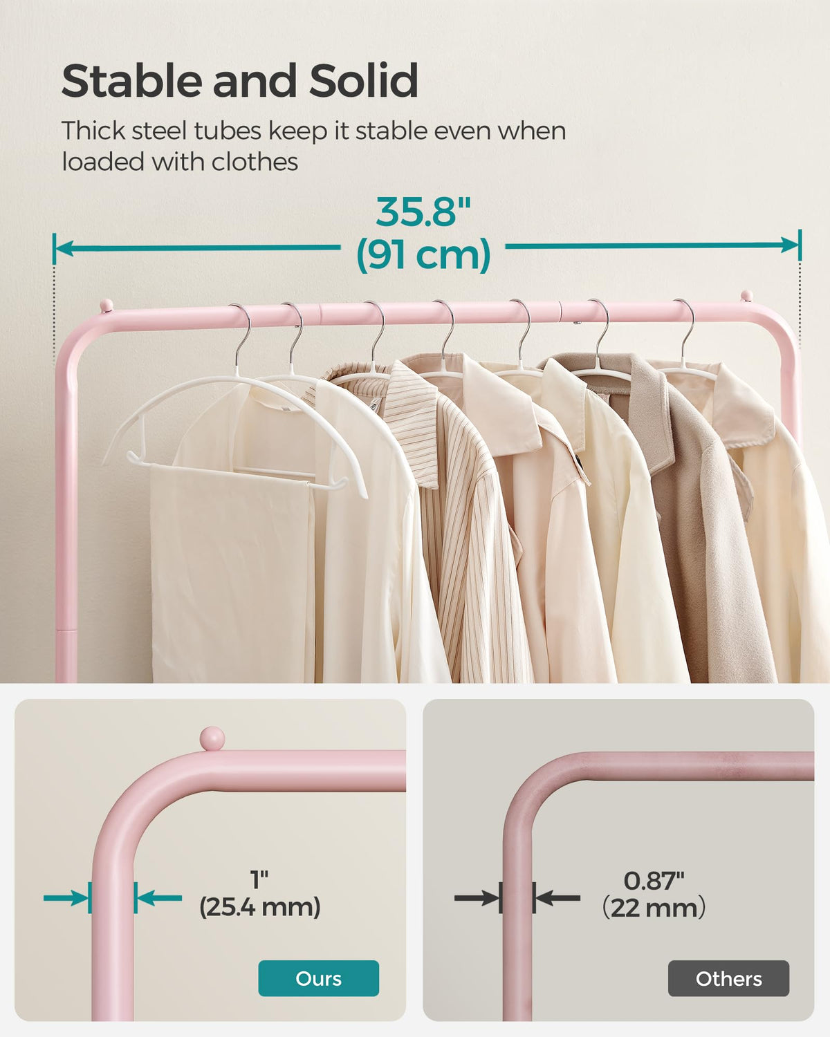 SongMics pink rack offers ample hanging space for outfits.