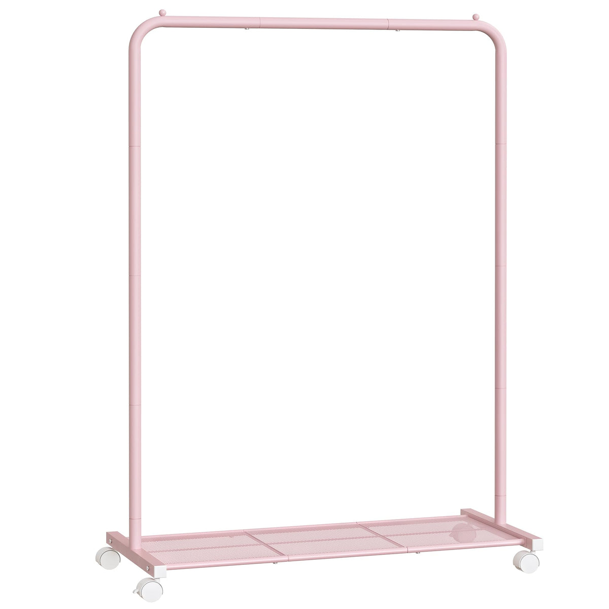 SongMics pink clothes rack with wheels shown in full view for versatile room organization.
