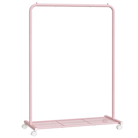 SongMics pink clothes rack with wheels shown in full view for versatile room organization.