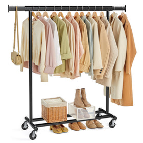 SONGMICS clothes rack with wheels for easy mobility and organization.