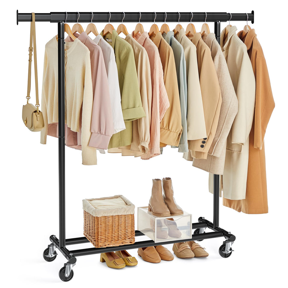 SONGMICS clothes rack with wheels for easy mobility and organization.
