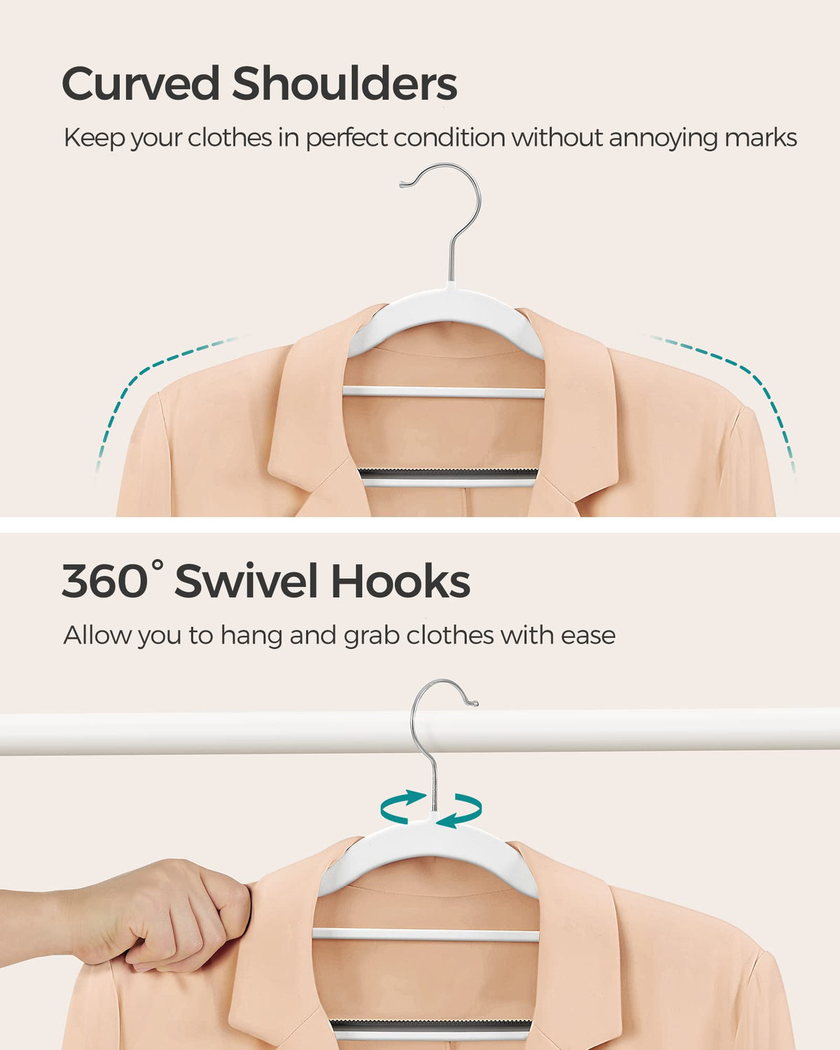 SONGMICS hooks swivel 360-degree for easy access to clothes.