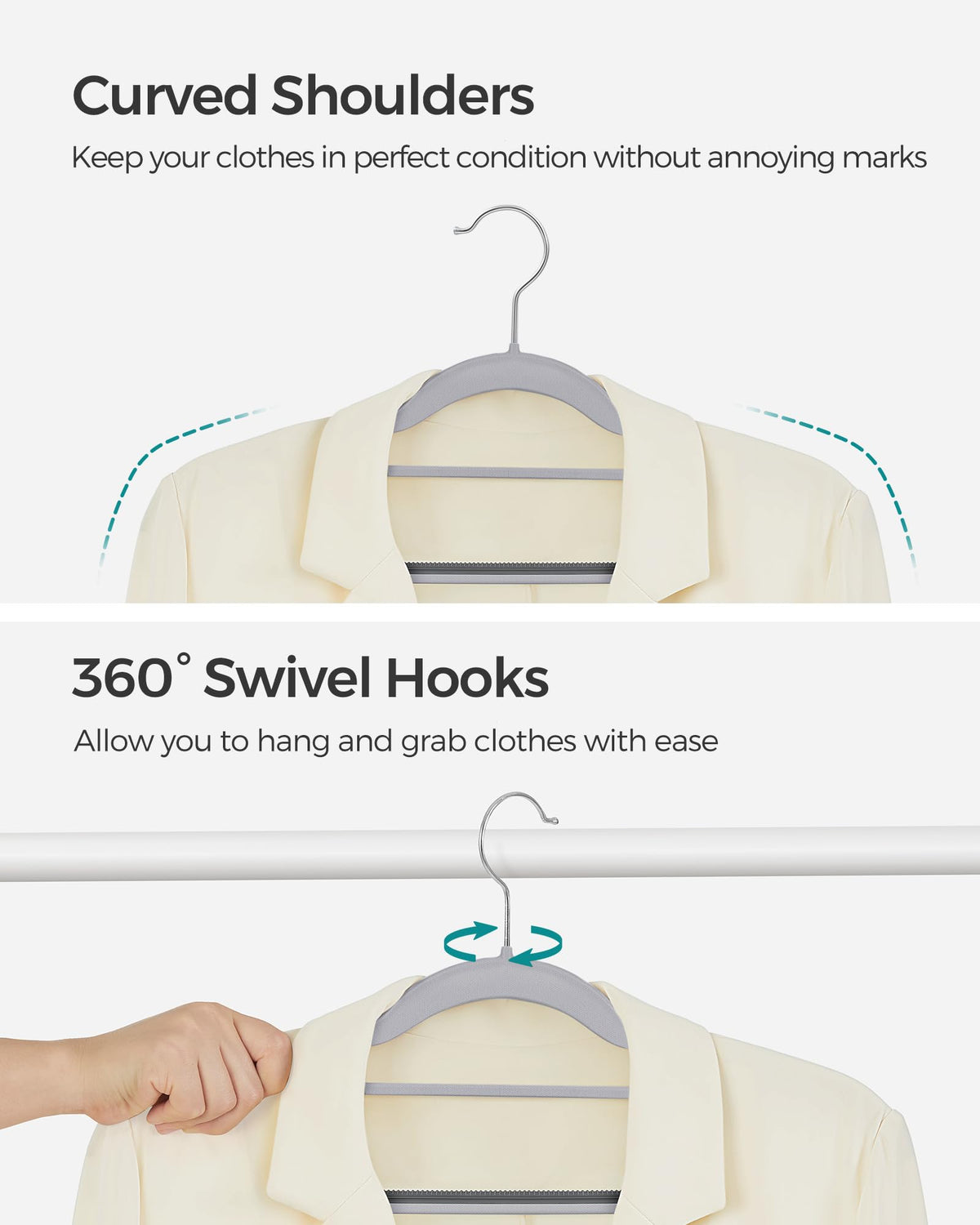 SONGMICS curved ends prevent shoulder marks on delicate fabrics.