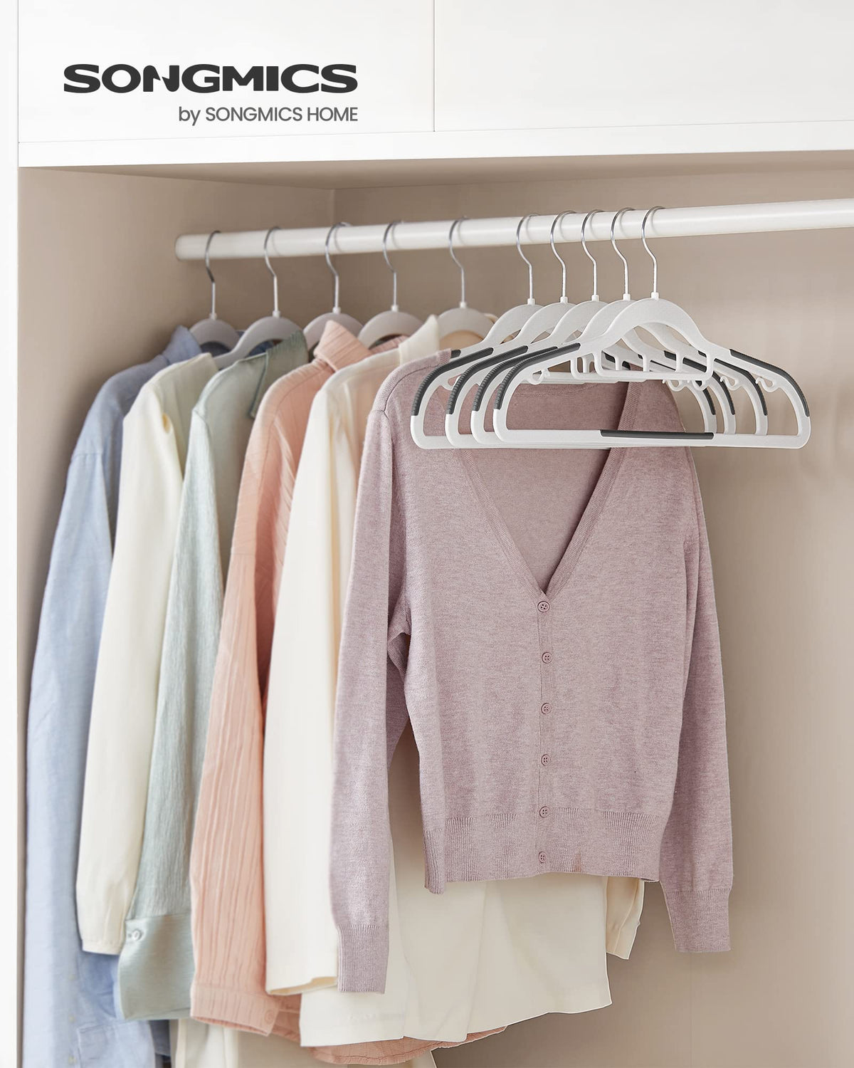 SONGMICS hangers feature non-slip shoulder strips to keep fabrics secure.