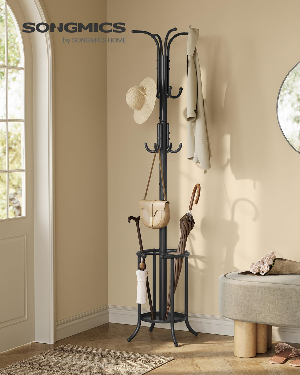 Songmics 12-hook rack close-up highlights protective ball-tipped hooks for garments.