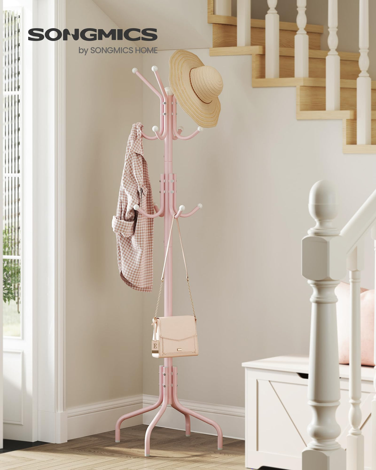 SONGMICS freestanding coat rack stand adds chic pink style to any room.