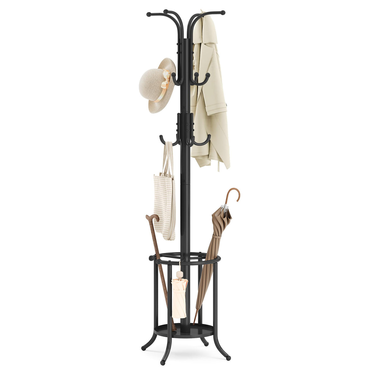 Songmics coat rack with umbrella holder front view showing organized entryway convenience.