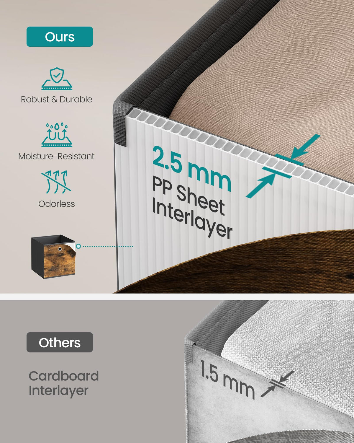 SONGMICS cube storage fits standard shelves, keeping spaces tidy.