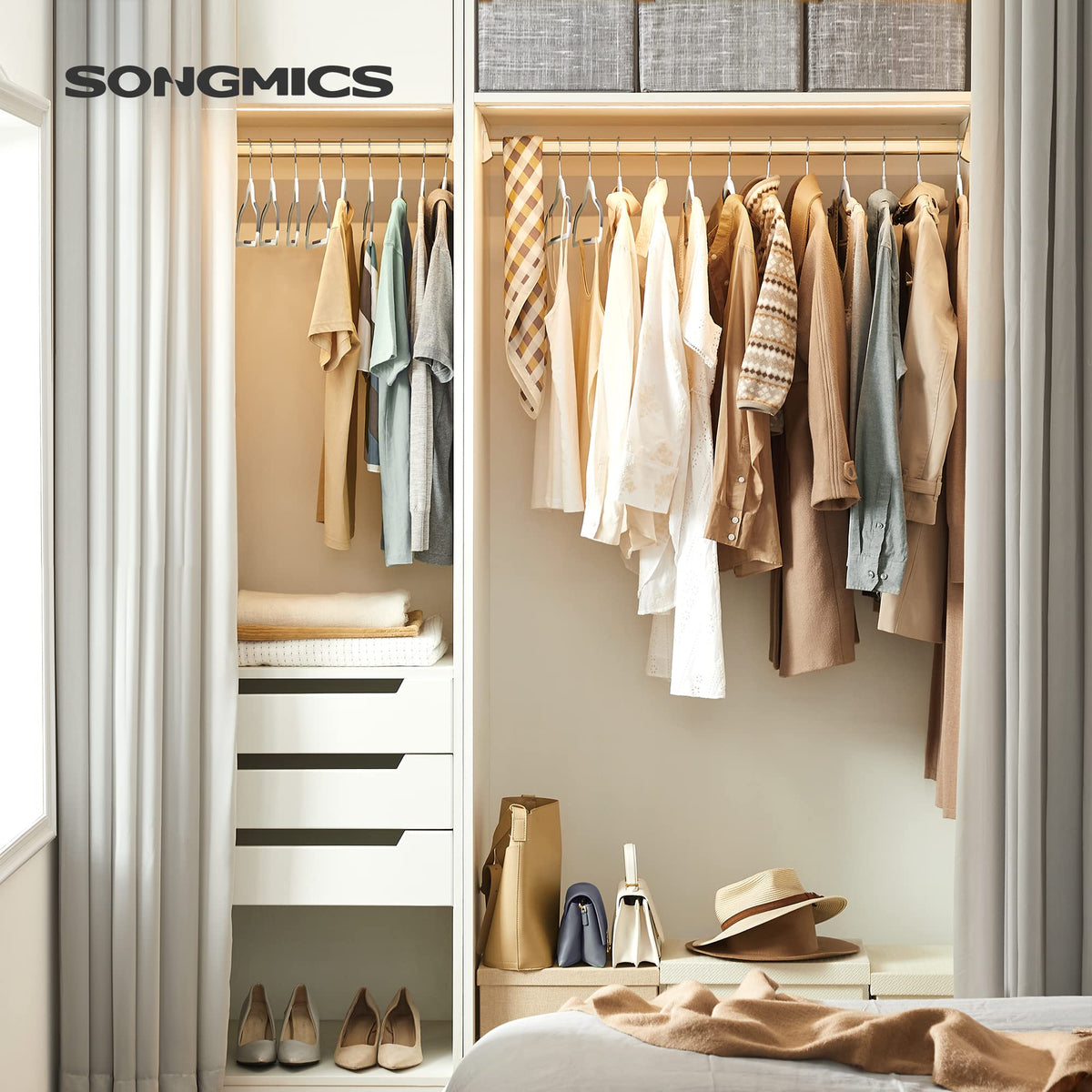 SONGMICS curved-shoulder hangers prevent shoulder marks on garments.