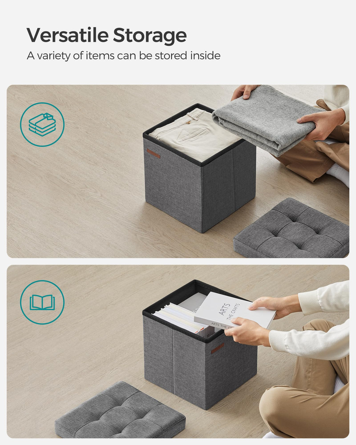 SONGMICS dark gray folding storage ottoman in dorm room setup