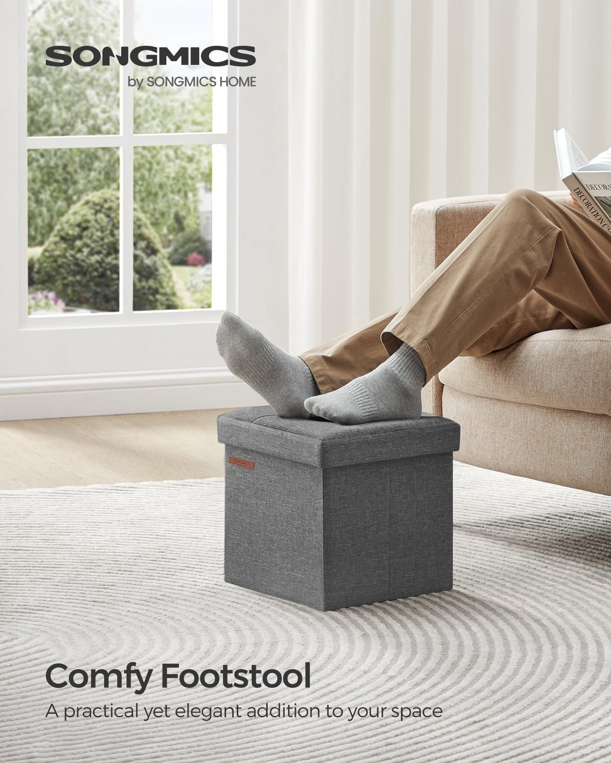 SONGMICS dark gray folding storage ottoman side view highlights sturdy MDF base