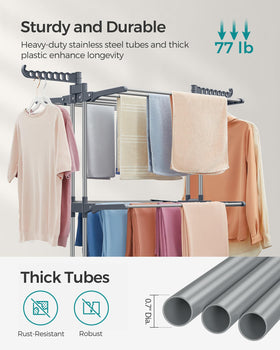 Songmics Dove Gray 4-tier drying rack brakes provide stable positioning.