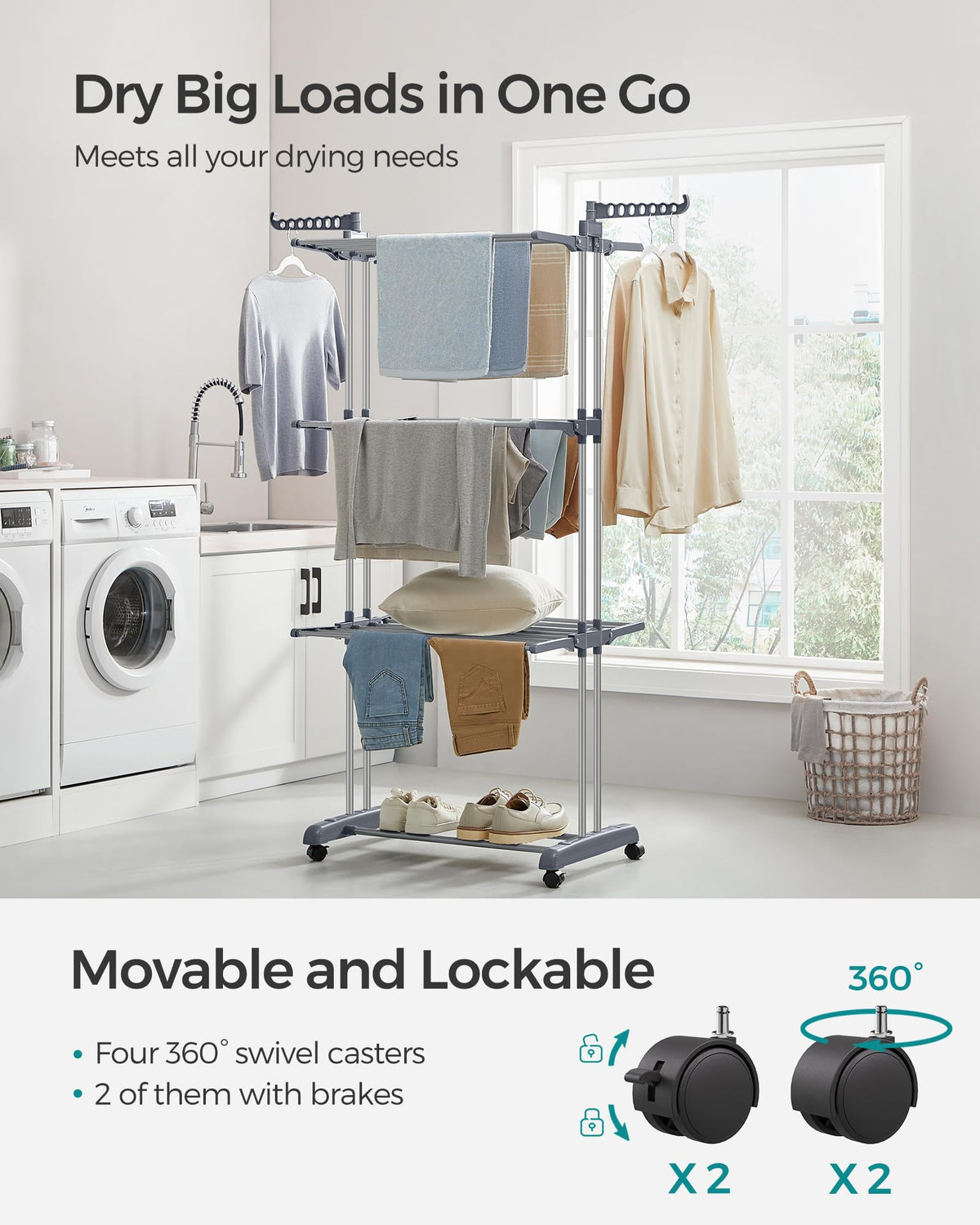 Songmics Dove Gray 4-tier drying rack with casters for easy relocation.