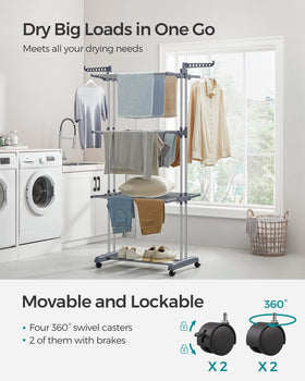Songmics Dove Gray 4-tier drying rack with casters for easy relocation.