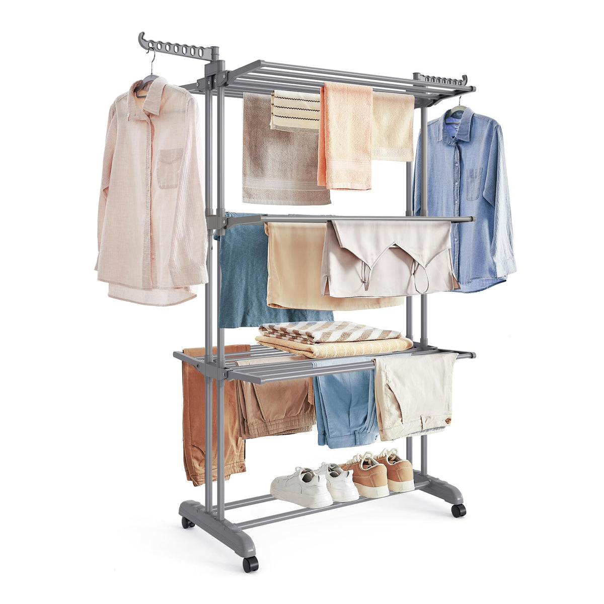 Songmics Dove Gray 4-tier drying rack top view shows expansive capacity for clothes.