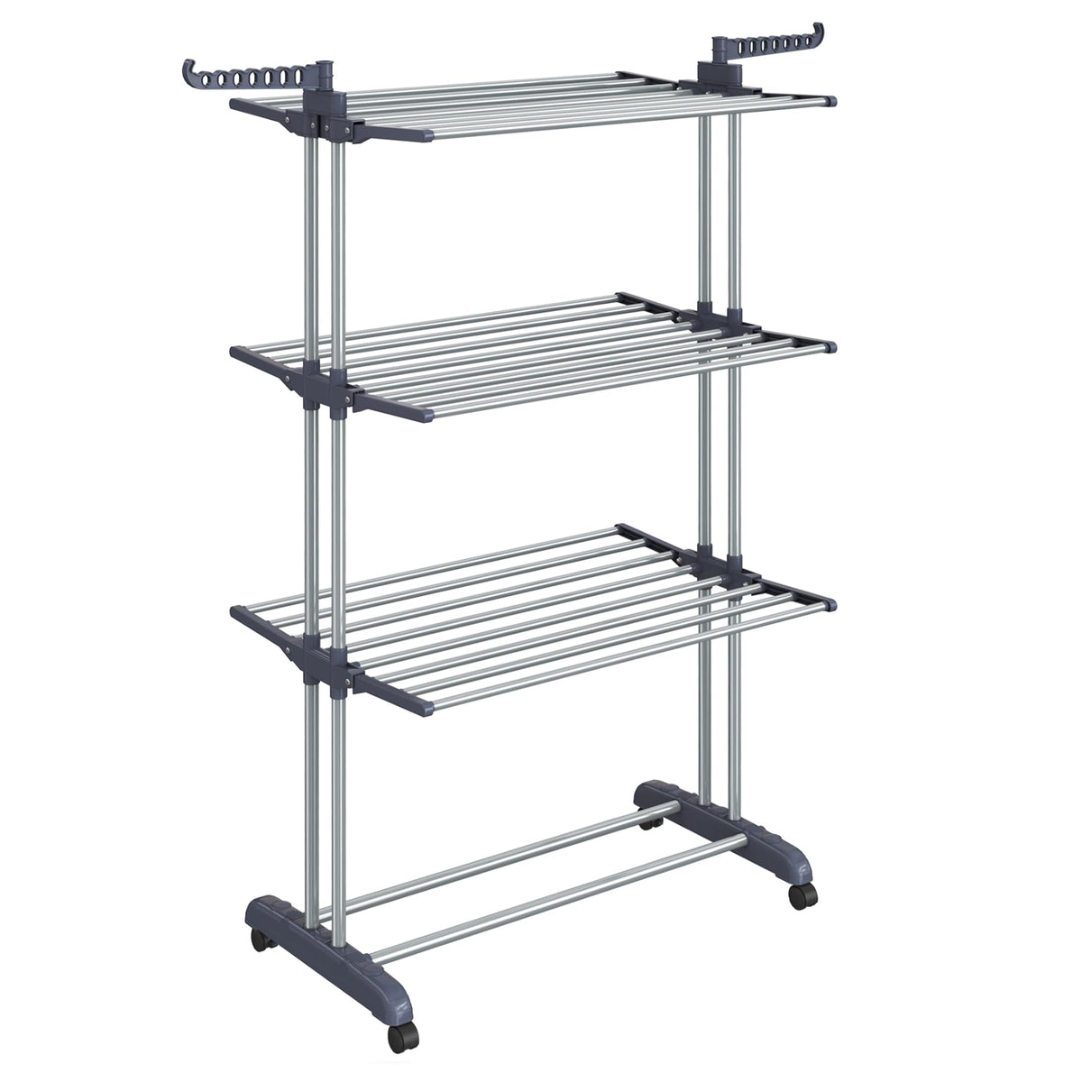 Songmics Dove Gray 4-tier rack in use with towels and garments.