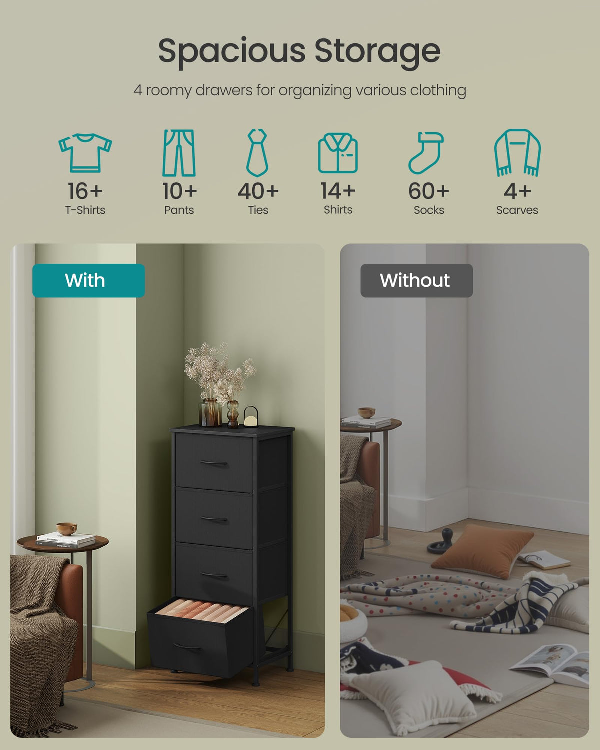 SONGMICS drawer unit with fabric drawers keeps clothing organized and accessible