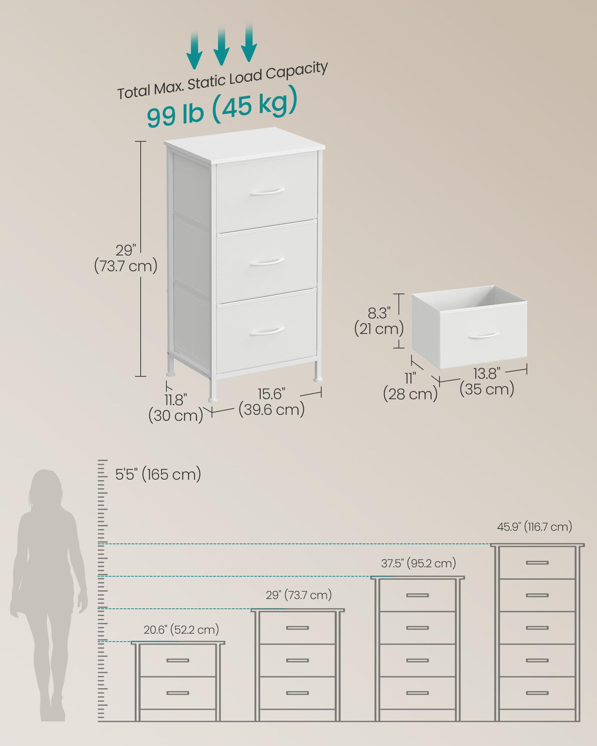 SONGMICS dresser adjustable feet help balance on uneven floors.
