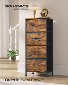 SONGMICS dresser top surface shows lamp and clock setup for daily use