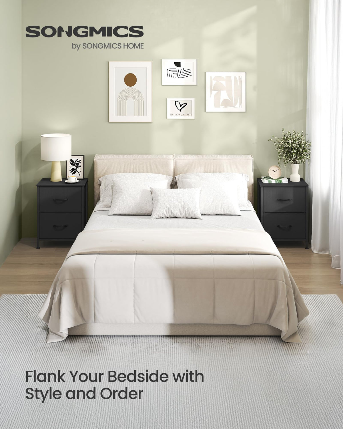 SONGMICS dresser with fabric drawers provides discreet storage for items.