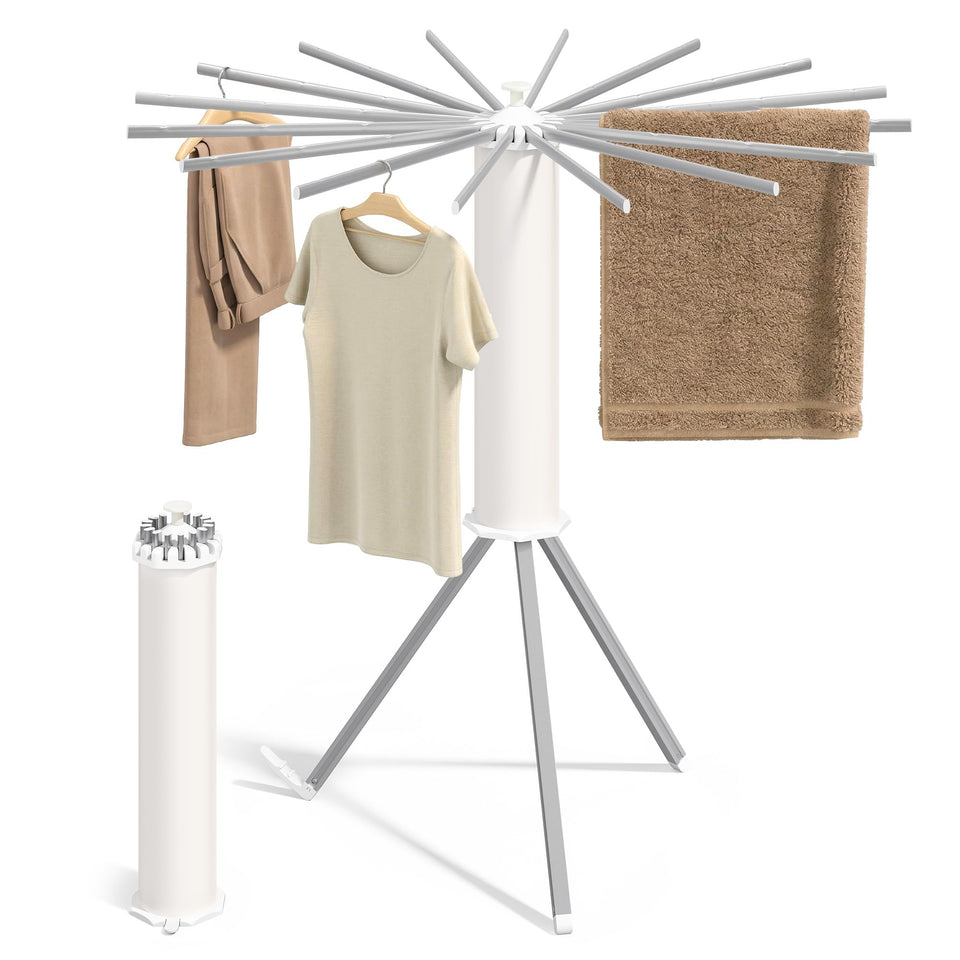 SONGMICS 16-arm rotary drying rack extended for full laundry capacity.