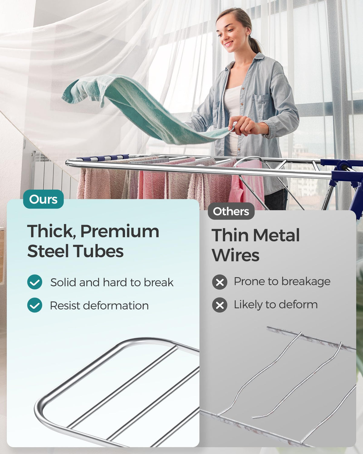 SONGMICS 2-level design helps keep clothes organized while drying.