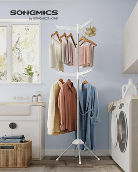 SONGMICS rack with 6 rotatable arms in use for easy hang-dry access.