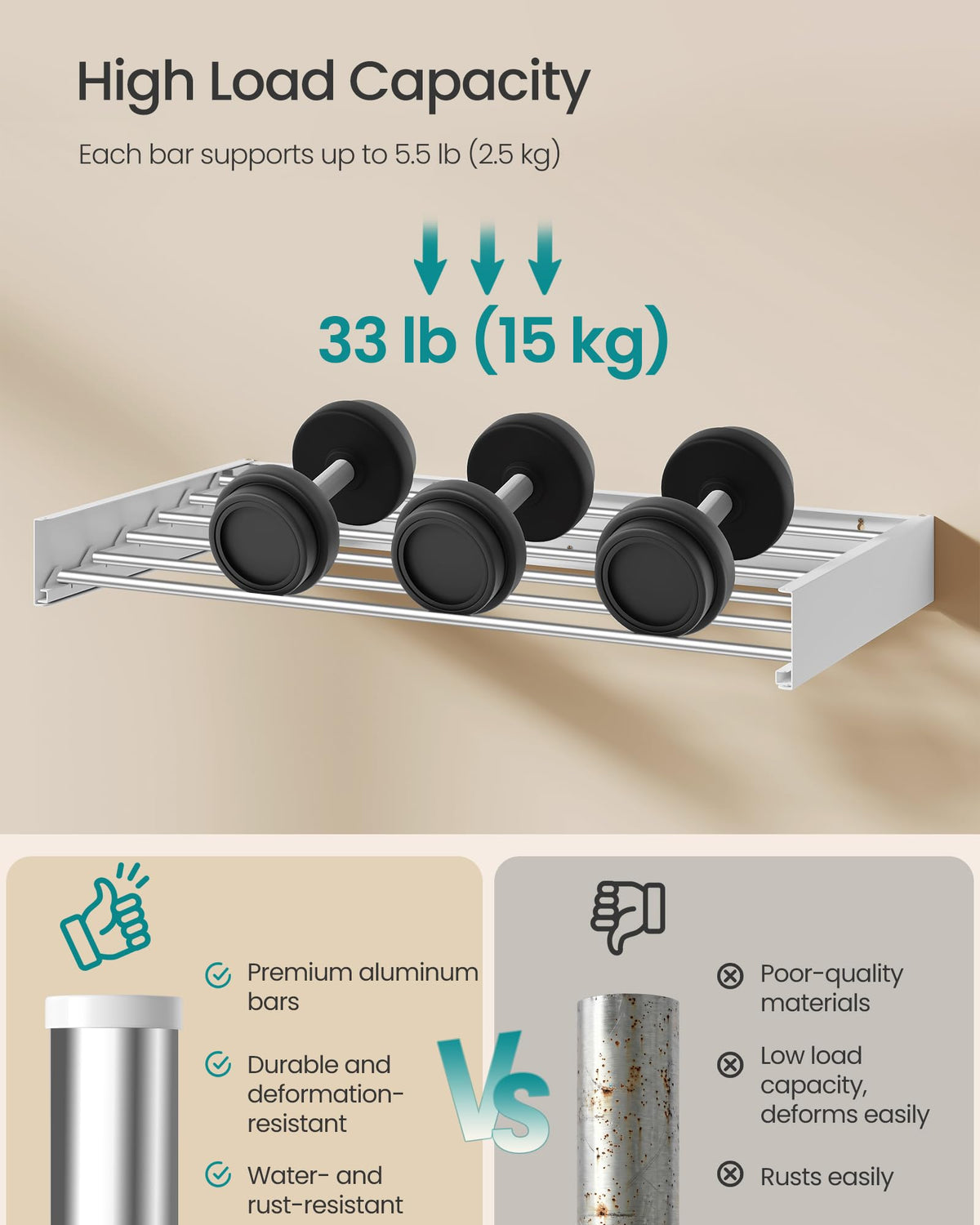 Songmics aluminum bars resist water and rust for durable daily use