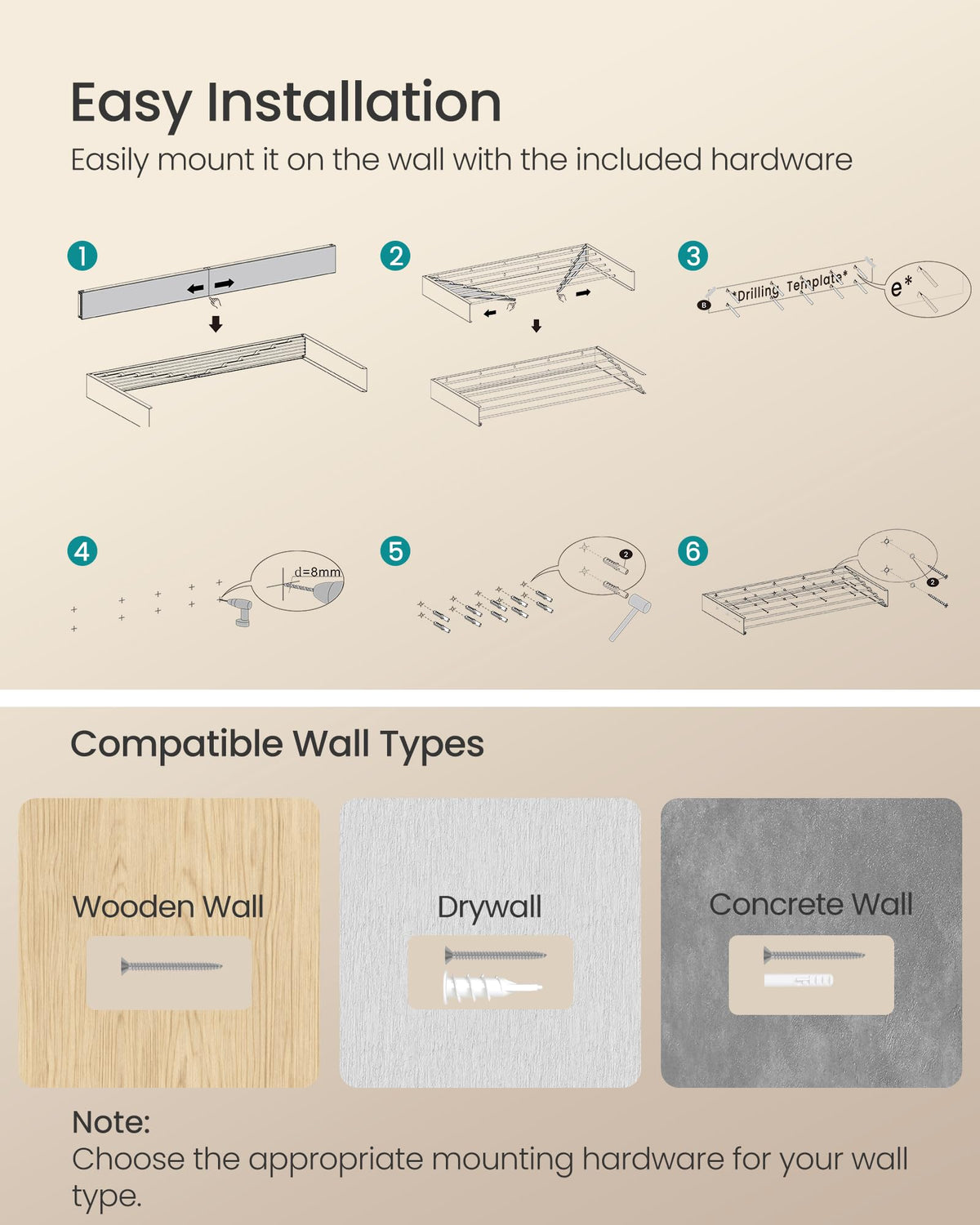Songmics wall rack ready for quick installation with mounting template