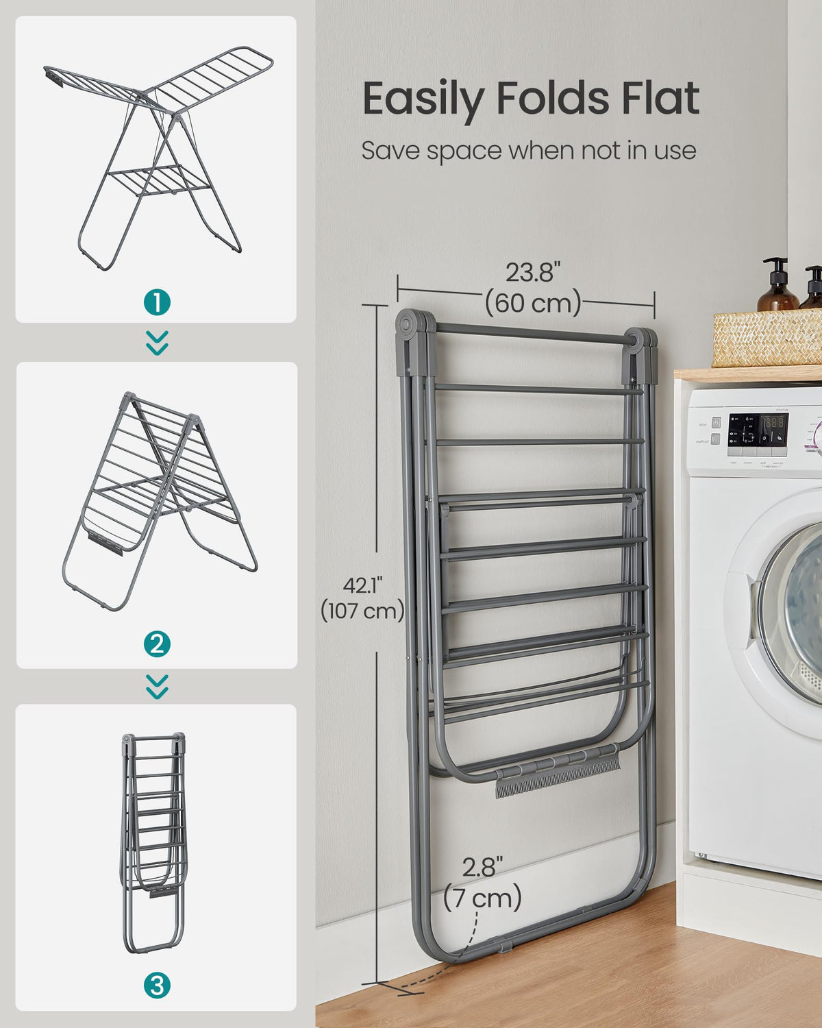 SONGMICS drying rack compact-storage fits in tight spaces when folded.