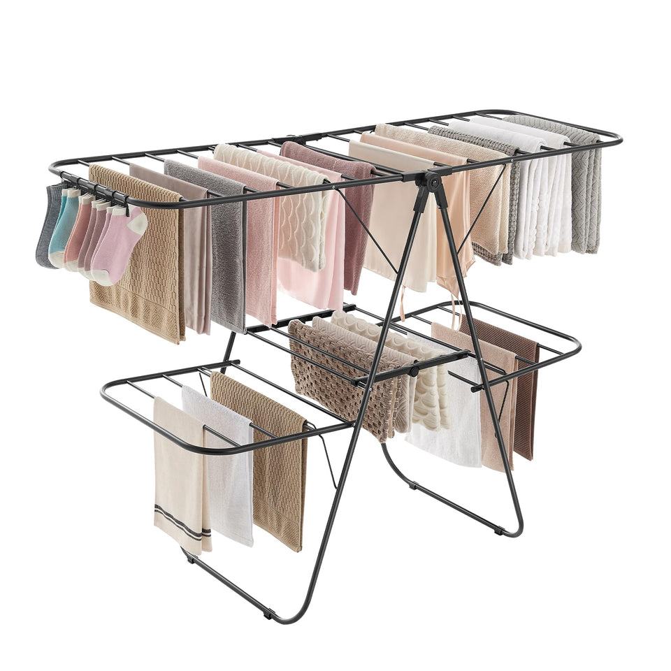 SONGMICS drying rack in a 2-level foldable setup ready for storage.