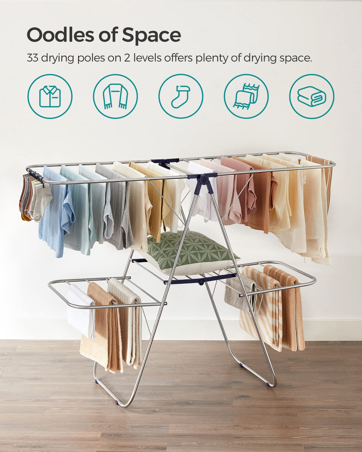 SONGMICS height-adjustable wings shown for long garments and sheets.