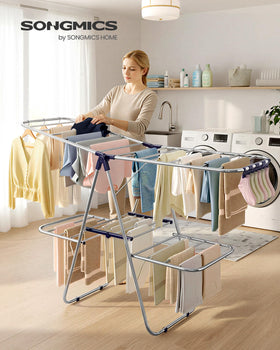 SONGMICS drying rack showing 33 rails to maximize air-drying capacity.