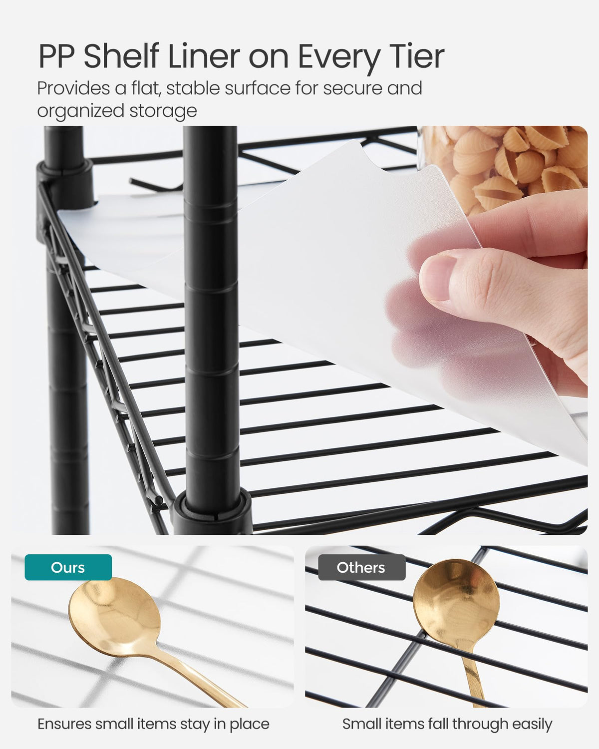 Songmics easy-clean PP shelf liners protect small items and simplify cleaning