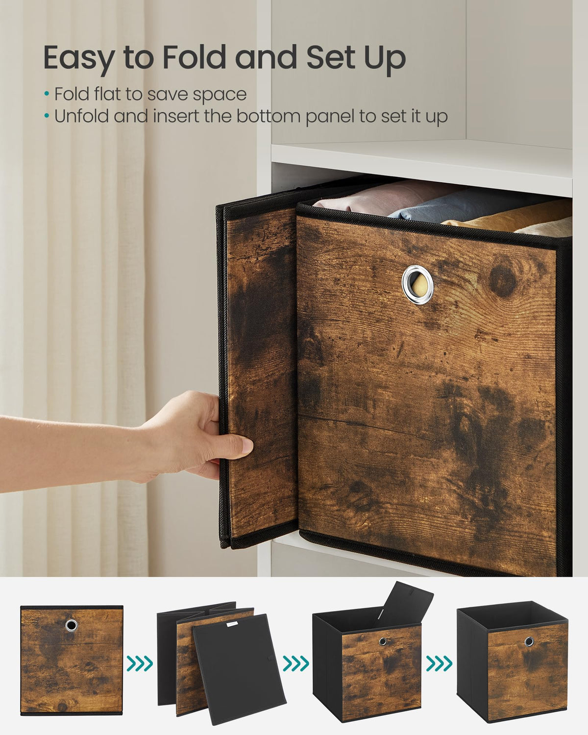 SONGMICS boxes with grommet handles enable easy pulling.