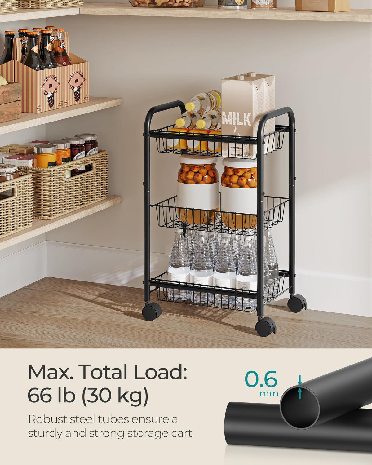 Songmics ergonomic handle simplifies moving the cart between rooms with minimal effort.