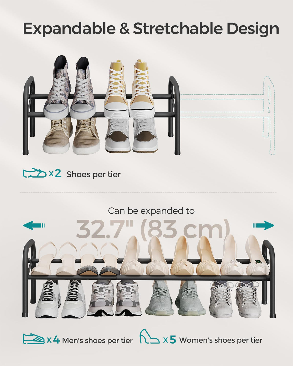 Songmics shoe rack with arched handles for easy relocation.