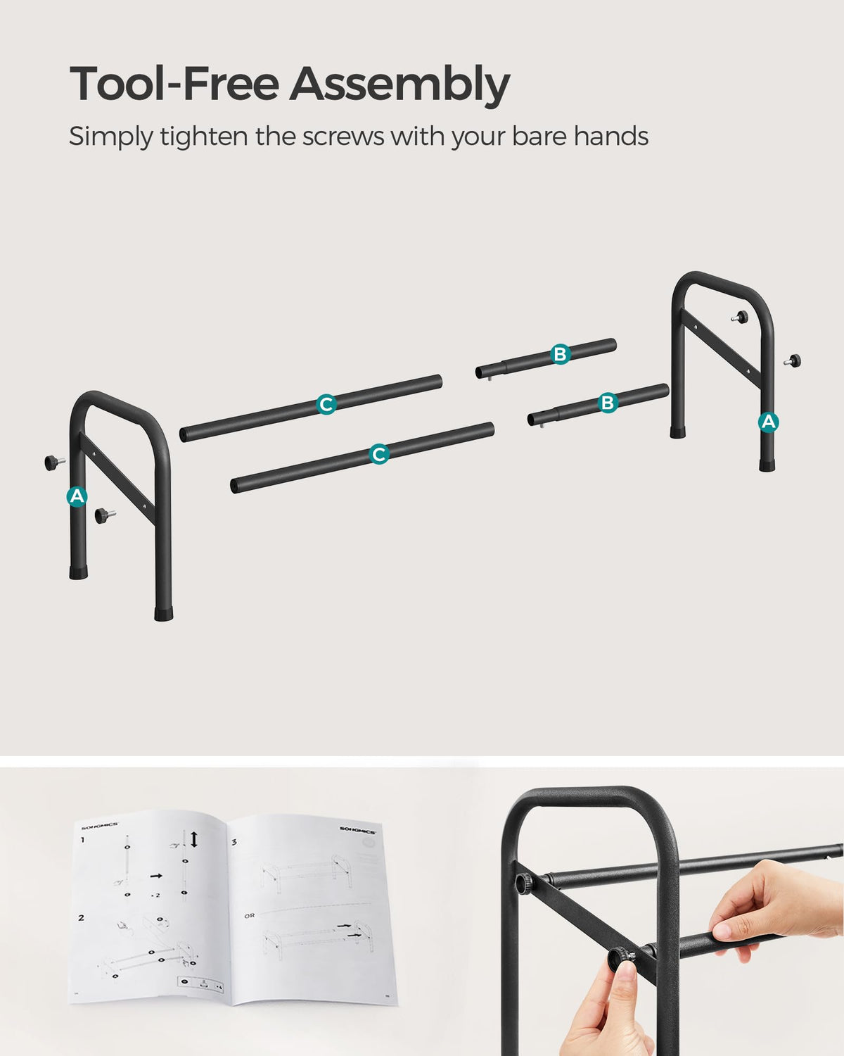 Songmics freestanding design for under-shelf storage.