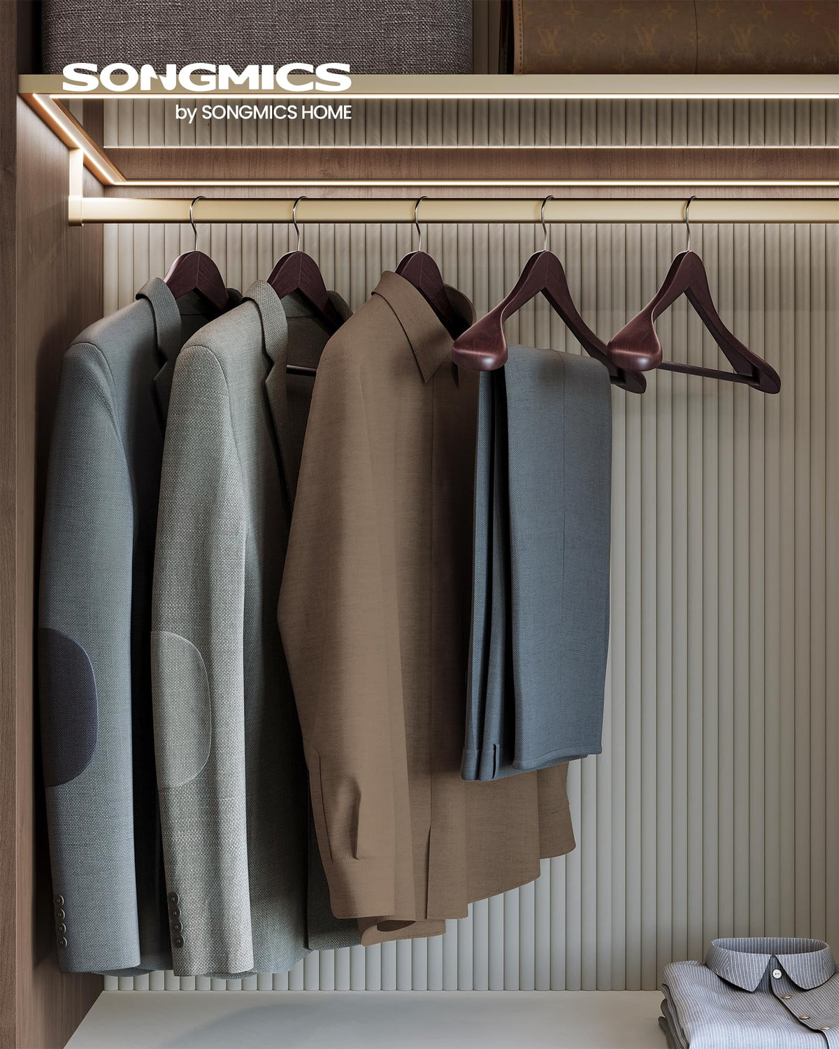 SONGMICS suit hanger with extra-wide shoulders supports shape and reduces shoulder creases.