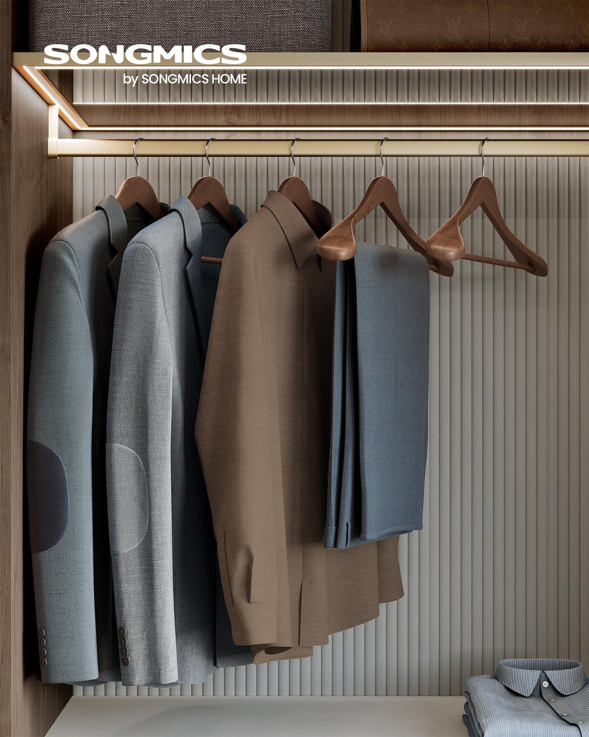 SONGMICS wooden hanger with swivel hook for easy wardrobe access