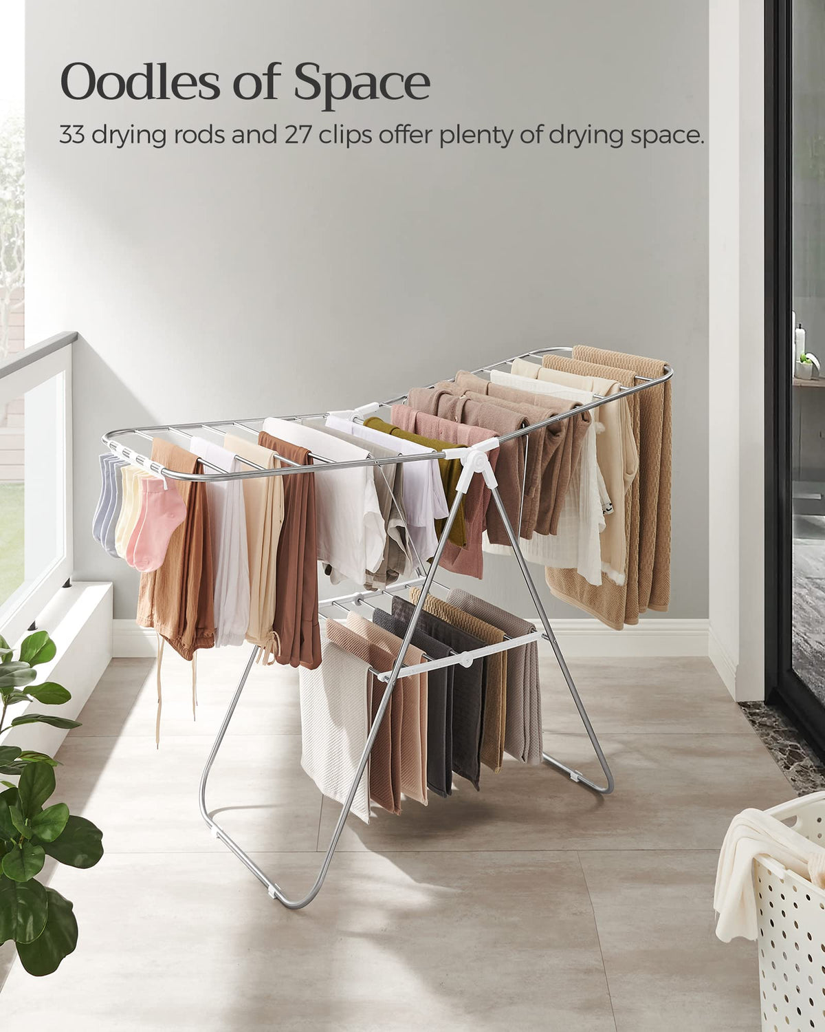 Songmics foldable drying rack saves space when not in use.