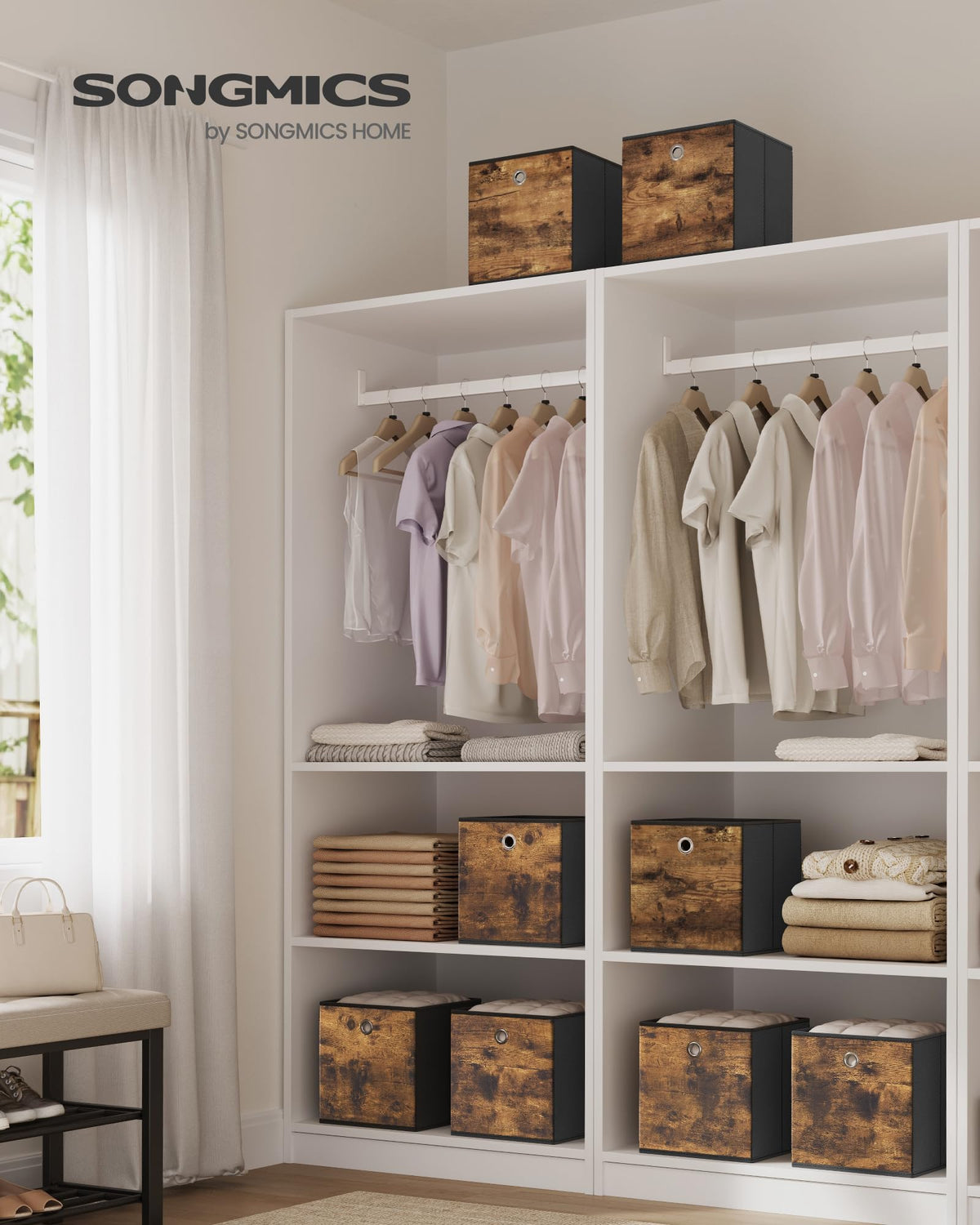 SONGMICS foldable fabric boxes open for quick access and visibility.