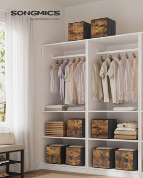 SONGMICS foldable fabric boxes open for quick access and visibility.