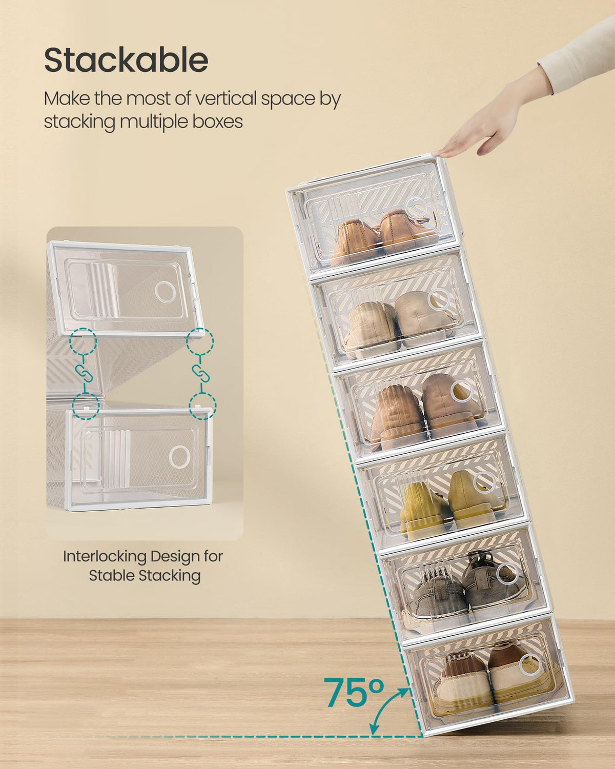 SONGMICS foldable PP frame provides stable stacking for organized shoe storage.